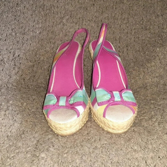 COACH-Grace-Pink Blue Rainbow Stripe Wedge Slingback-Straw Wedge-Sz 10-Near Mint - Picture 3 of 7